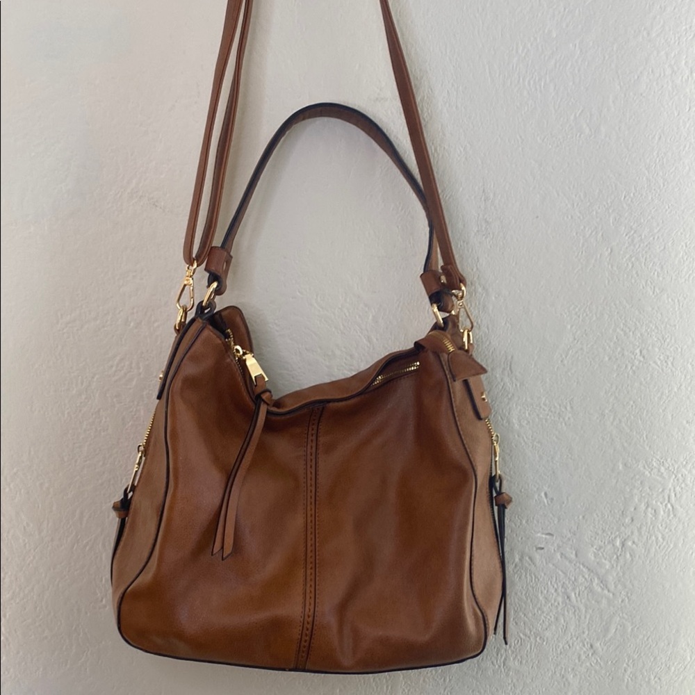 Vegan Leather Hobo Bag- Cognac Brown & Gold